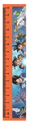 A Dragon Ball Z themed height ruler with a bright orange background and a vertical strip of character illustrations including Goku, Vegeta, and others, featuring centimeter and inch measurements.