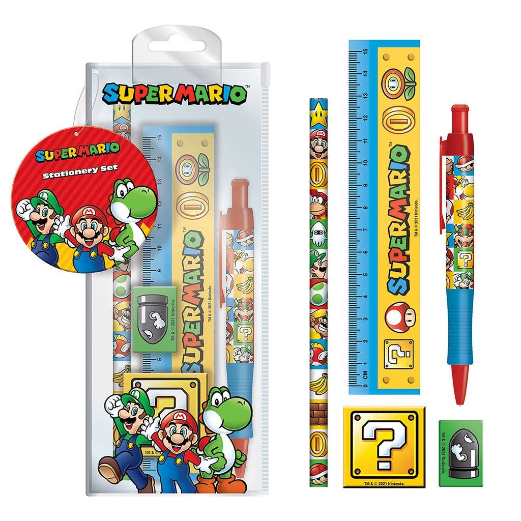 Super Mario Colour Block Stationery Set – Pen, Pencil, Ruler, Eraser, Sharpener & Case