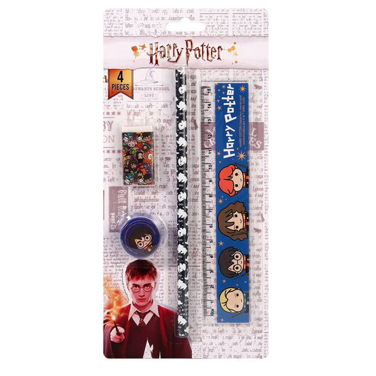 Harry Potter Pencil Set 4PCS – Ruler, Eraser, Sharpener, HB Pencil – School Stationery Gift