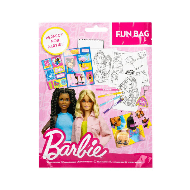Barbie Licensed Fun Bag | Stickers, Puzzle, Colouring Book, Crayons & Keyring | Kids Party Gift Pack